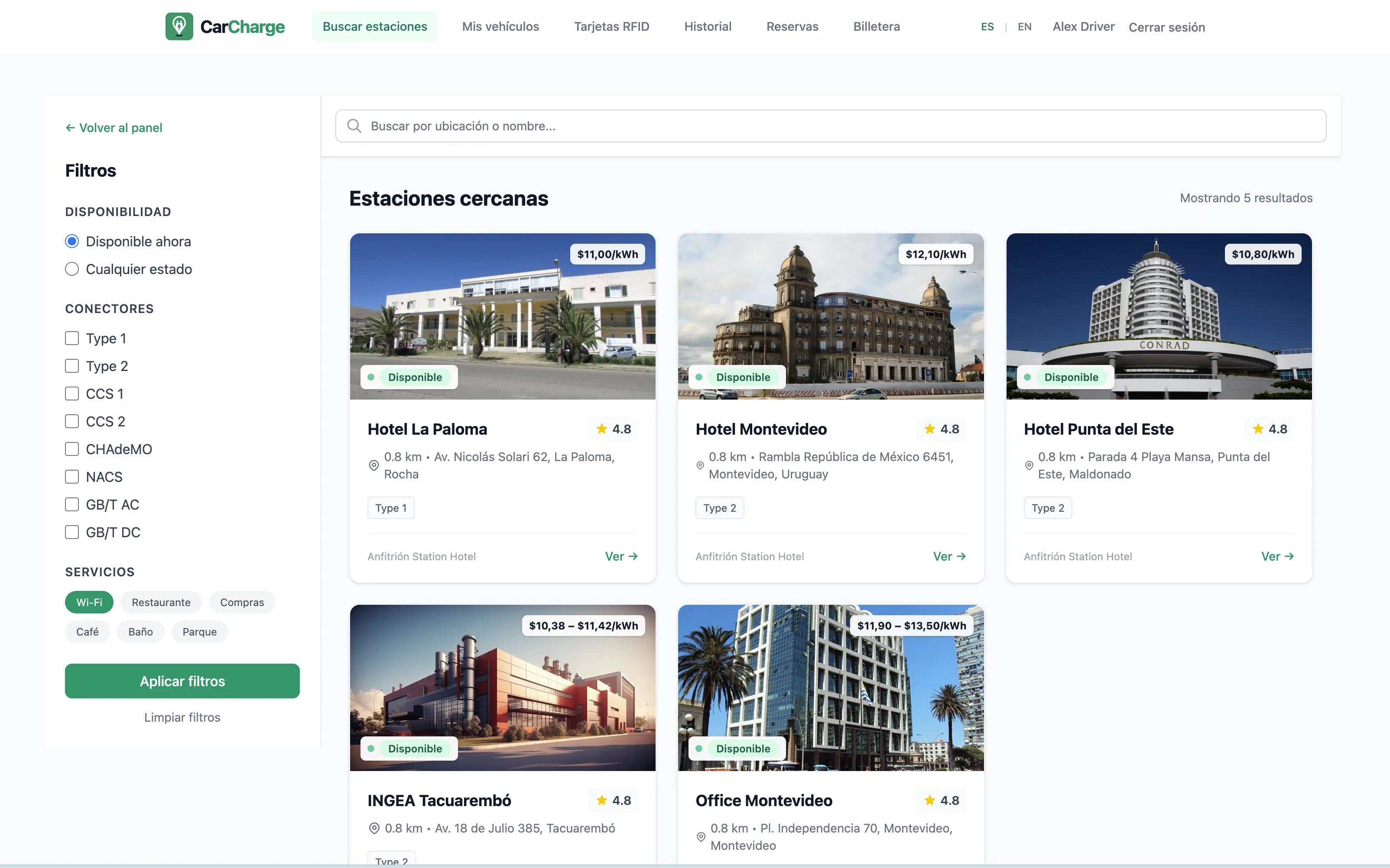 App del conductor con lugares de carga gestionados cercanos