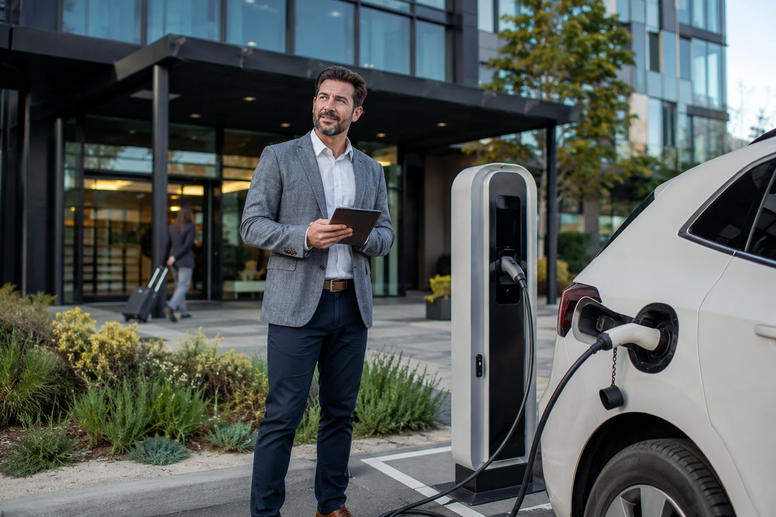 Plaza de carga para EV en estacionamiento de hotel