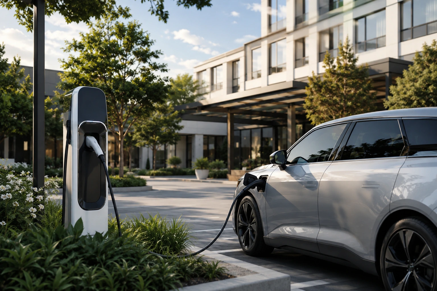 Plaza de carga para EV en estacionamiento de hotel